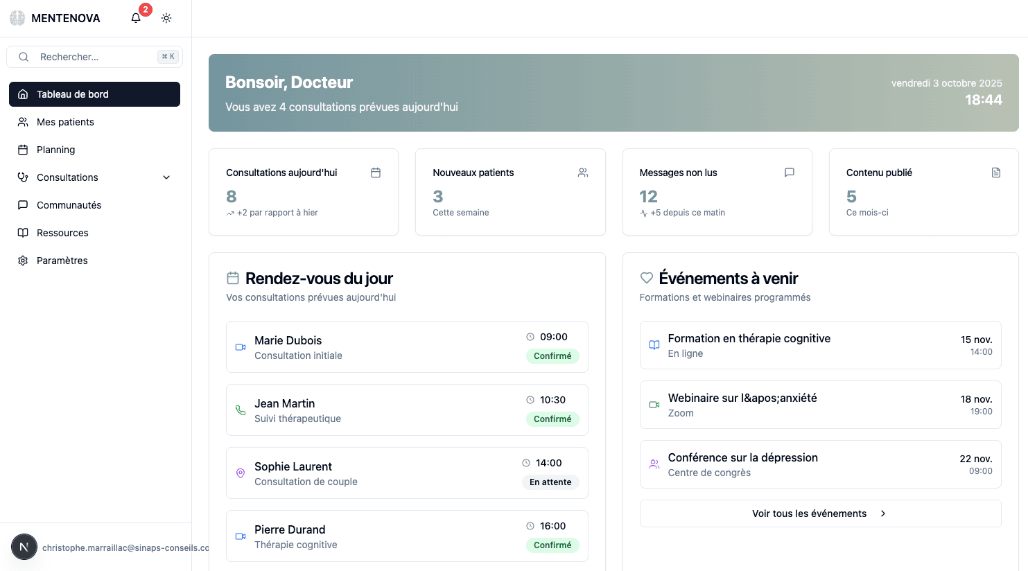 Tableau de bord MenteNova pour professionnels